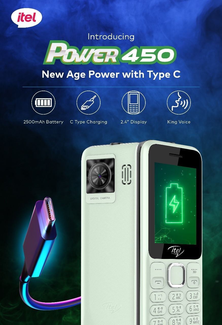 itel power 450 is the first feature phone to come with a USB Type-C charging port.